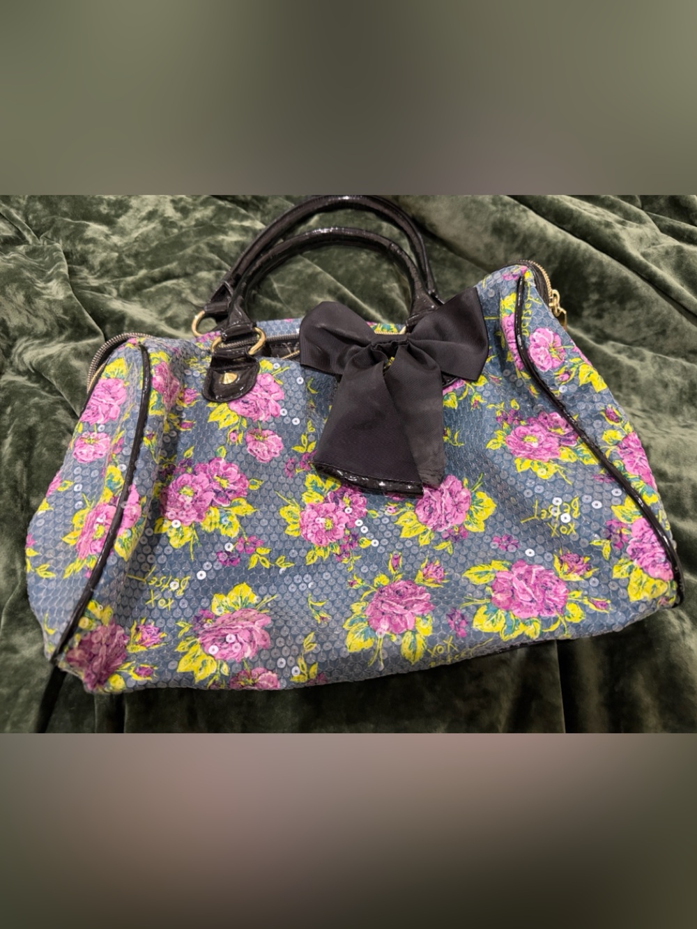 Betsey Johnson Blue Floral Bow Satchel with Pink Roses